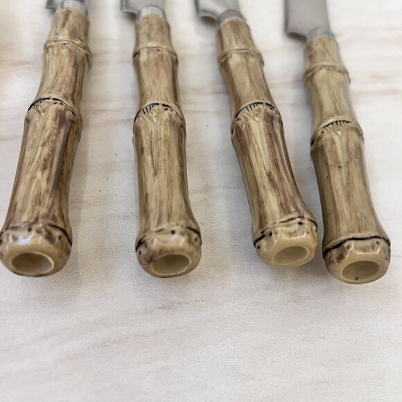 Vintage Faux Bamboo Stainless Steel Flatware 2 Dinner Forks + 4 Knives - Picture 6 of 9